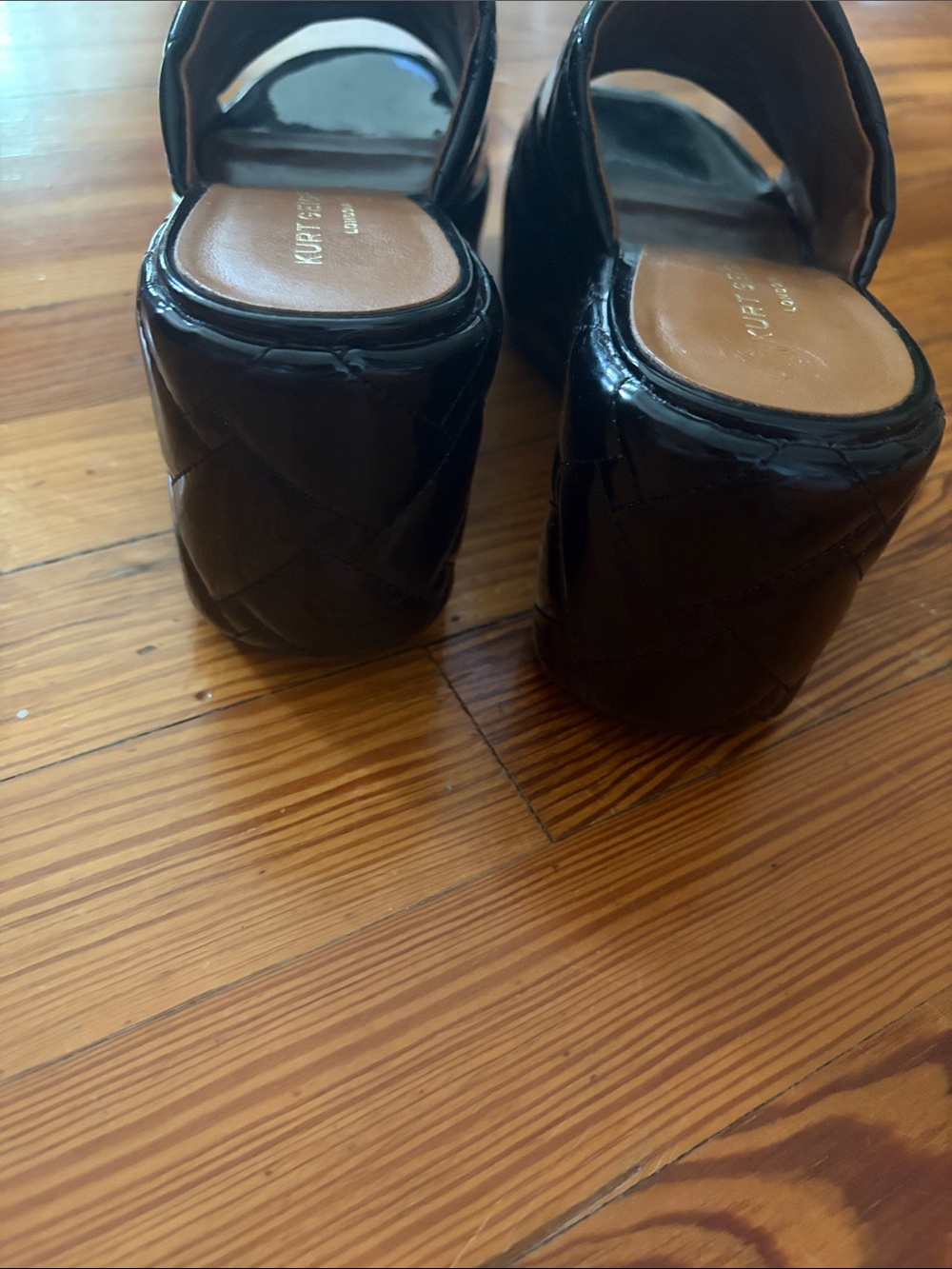 Kurt Geiger Black Patent Quilted Platform Slide with Gold Medallion - Picture 9 of 11